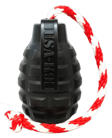 USA-K9 Grenade Durable Rubber Chew Toy, Treat Dispenser, Reward Toy, Tug Toy, and Retrieving Toy (Color: Black, size: large)